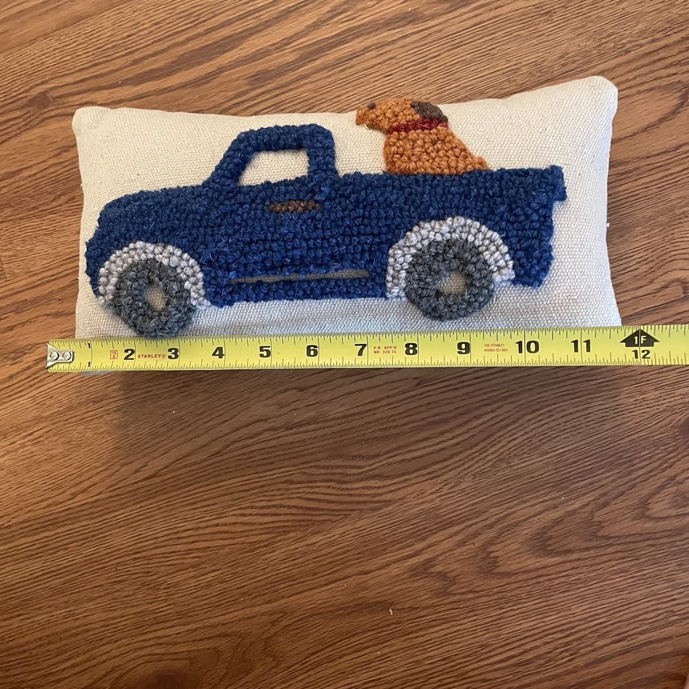 Mud Pie Mini Farm Hooked Pillow Blue Truck Dog 12x6 Zipper Back EUC - Picture 6 of 7